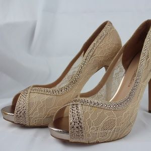 Nude Lace Rhinestone Glitter Pumps Heels - Bridal